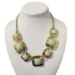 Talbots Hammered Gold Tone Green Cabochon Statement Bib Necklace